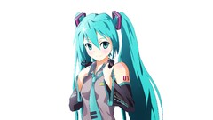 Headphones tie white background shirts blush blue hair smiling 