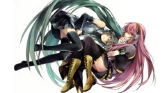 Headphones tie white background tattoos skirts pink hair long 