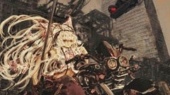 Headphones traffic lights white hair red eyes sitting buildings 