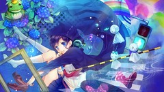 Headphones Umbrellas skirts smiling anime girls hooded