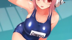 Headphones wet red eyes water drops blush pink hair long hair 