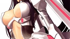 Headphones white background armor navel long hair anime girls 