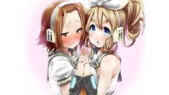 Headphones white background blondes blush long hair anime girls 