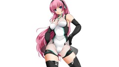 Headphones white background gloves suit pink hair long hair 