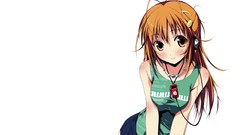 Headphones white background long hair anime girls brunettes 