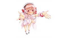 Headphones white background red eyes blush pink hair anime 