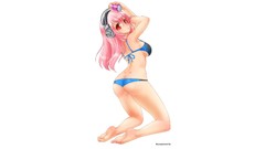 Headphones white background red eyes pink hair anime girls 