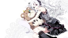 Headphones white background white hair long hair pink eyes 