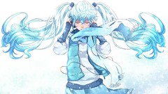 Headphones white background wires skirts scarfs blue hair long 
