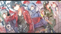 Headphones white hair red eyes blondes skirts blue hair long 