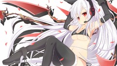 Headphones white hair red eyes chains long hair anime girls bra 