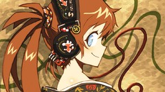 Headphones wires blush smiling long hair anime girls blue eyes 