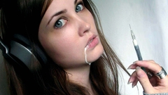 Headphones woman syringe