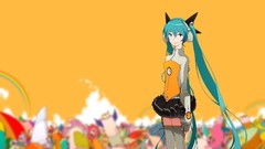 Headphones yellow background blurred skirts long hair anime 