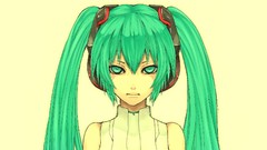 Headphones yellow background faces long hair anime girls green 