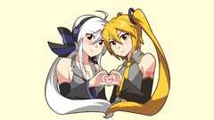 Headphones yellow background red eyes blondes long hair anime 