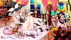 Hearts hats beds red eyes blondes pillows long hair anime girls 