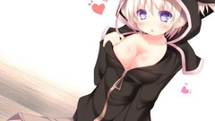 Hearts hoodies anime girls nekomimi purple eyes boobs zippers