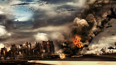 Helicopters explosions destruction statue