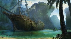 Hills ships lagoon abandoned palm trees seaweed artwork sailing 