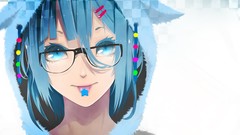 Hood glasses white background faces tongue blue hair anime 