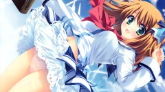 Hook anime girls green eyes brunettes school uniforms seifuku 