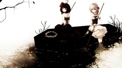 Horns anime girls brown eyes coffin short hair gray hair black 