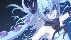 Horns anime girls long ears aqua hair aqua eyes