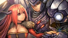 Horns armor smiling long hair redheads cleavage holding hands 