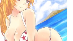 Horns blondes long hair anime girls bikini huge boobs