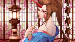 Horns blondes long hair touhou demons video games looking back 