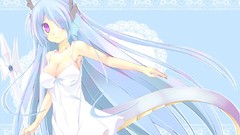 Horns blue hair itsuki purple eyes tails cleavage