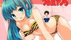 Horns blush long hair anime girls blue eyes cleavage bikini 