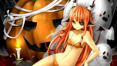 Horns long hair anime girls bra panties