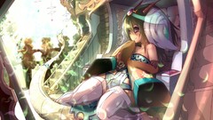 Horns red eyes anime girls green hair tails artwork fantasy art