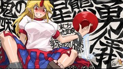 Horns red eyes blondes blush long hair touhou Sake Hoshiguma 