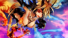 Horns red eyes blondes cleavage