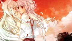 Horns red eyes bows long hair closed eyes fujiwara no mokou 