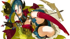 Horns red eyes gloves blue hair anime girls scythe karei
