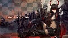 Horns red eyes long hair black rock shooter black hair thigh 