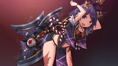 Horns Ribbons purple hair purple eyes cleavage underwear demons 