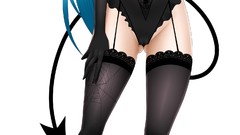 Horns stockings blue hair lingerie tails cleavage Simple 