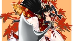 Horns Swords anime girls Japanese clothes thigh highs girls 