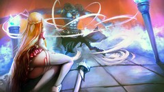 Horns Swords blondes skirts long hair anime girls brunettes 