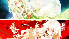 Horns white hair red eyes bows long hair fujiwara no mokou 