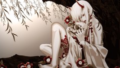 Horns white hair red eyes skulls yukata demons vectors Japanese 