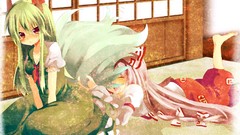 Horns white hair Ribbons anime girls fujiwara no mokou green 