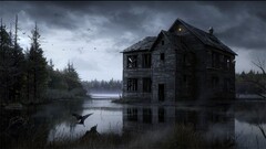 House water drawing fantasy art artwork Lake ruin spooky clouds