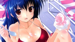 Ice Anime ice cream blush blue hair long hair anime girls brown 