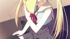 Ice Books blondes blush anime girls reading school uniforms 